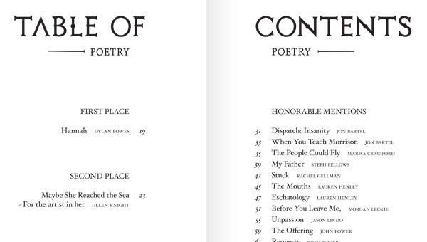 table of contents